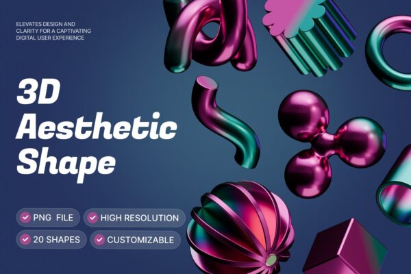 20款3D全息金属镀铬几何抽象艺术PNG元素图形插图3D aesthetic shape