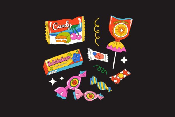 复古趣味手绘零食糖果口香糖AI矢量插画插图PNG图片Black flat design candy packets illustration