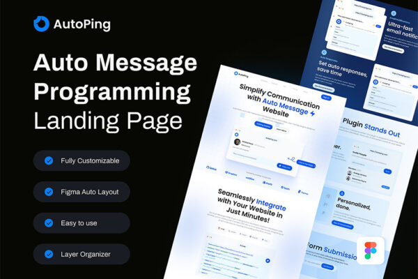 现代极简SaaS网站网页登陆页面Figma模板UI设计组件AutoPing – Auto Message Programming Landing Page