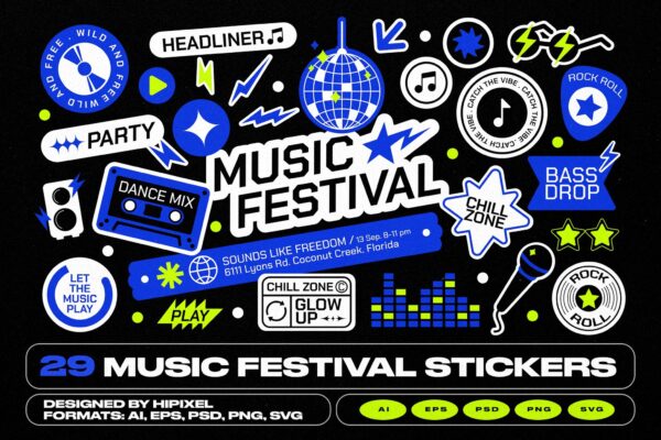 29款趣味活力音乐节艺术节贴纸logo徽标AI矢量图形设计Stickers and elements for music festivals