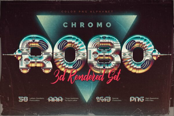 复古科幻80年代3D金属蒸汽机器英文大写字母数字PNG装饰字图片Chromo Robo – Colorful Alphabet PNG