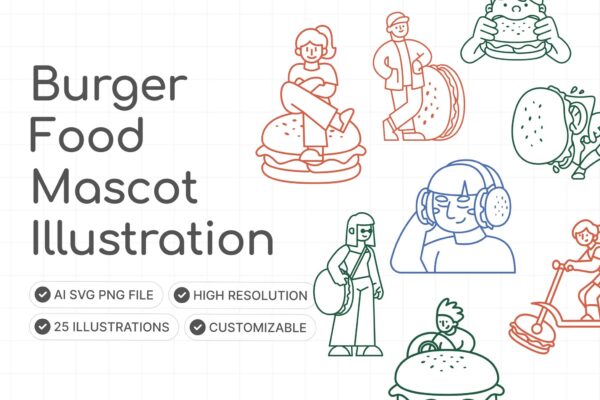 25款趣味手绘汉堡快餐食品AI矢量插画插图PNG设计元素Burger Food Mascot Illustrations Set