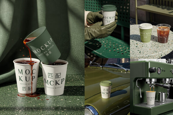 11款绿色系抹茶咖啡店铺纸杯外卖杯logo设计展示PSD样机11 Coffee cup mockup in green spaces-第9256期-