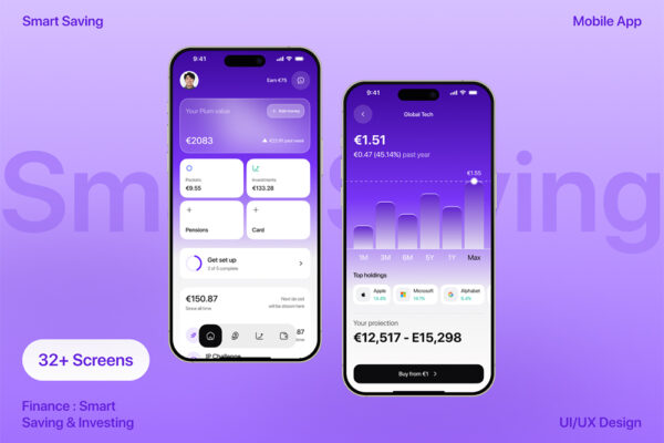 30页+现代金融储蓄投资移动App应用程序UI/UX设计套件Figma模板Finance Smart Saving & Investing Mobile App-第9257期-