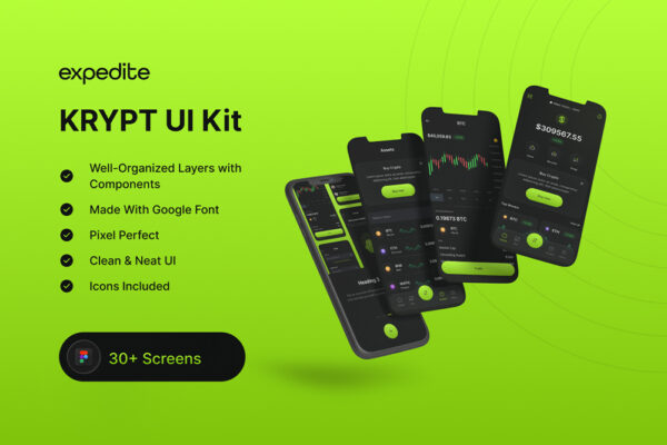 30+现代加密钱包金融移动APP移动应用页面Figma模板KRYPT – Crypto Wallet UI Kit