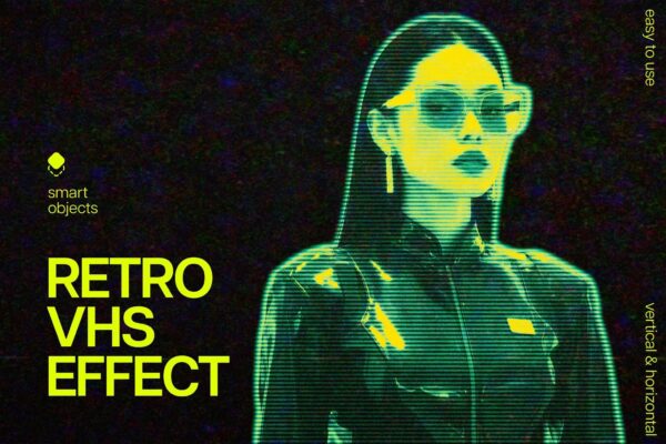 复古颗粒胶片VHS信号故障特效叠加PSD样机Retro VHS hologram photo effect