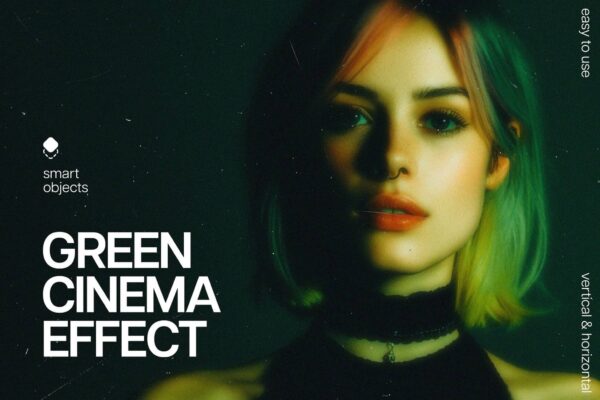 复古绿色电影艺术朦胧模糊图像滤镜叠加PSD特效样机Green Film Photo Effect-第9259期-