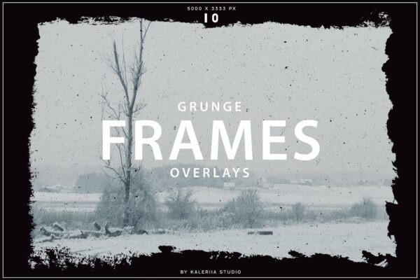 10款复古复古旧照片滚墨滚刷方形边框颗粒肌理叠加PNG图片素材Grunge frame overlays