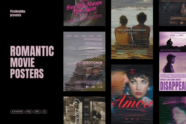 6款浪漫主义复古电影艺术标题排版布局PSD海报分层源文件合集Romantic Movie Posters Collection-第9271期-