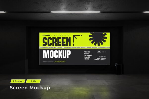 2款现代室内发光LED电子屏幕广告牌灯箱背景板海报设计展示PSD样机Projector LED Screen Mockup