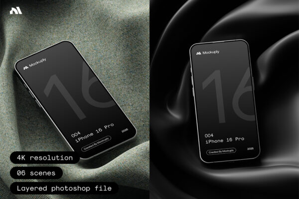 4款极简IPhone手机多场景丝绸布料流体背景屏幕界面UI设计展示PSD样机iPhone 16 Pro Mockup 004