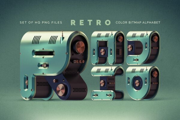 复古3D立体渲染机械收音机大写英文字母PNG图片装饰字Retro Radio – Colorful Alphabet PNG