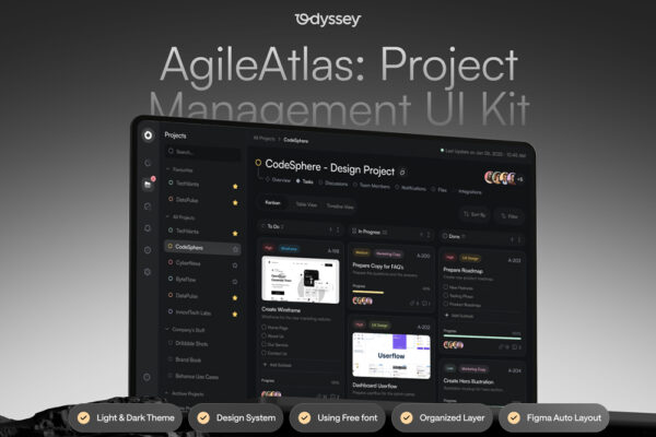 120+现代极简项目和任务管理页面网页UI设计套件Figma模板Project Management Tool UI Kit ( Dark & Light ) – V2-第9352期-