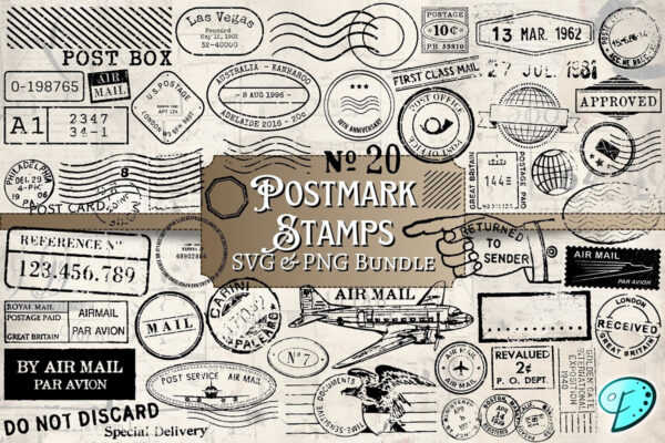 100款复古拼贴艺术邮戳印章SVG矢量图形PNG设计元素套装100 Postmark Stamps SVG PNG Bundle-第9363期-