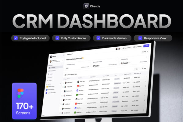 170+现代干净极简CRM 仪表板深浅双色APP移动应用页面web网站UI设计套件Figma模板CRM Dashboard UI Kit – Cliently-第9373期-