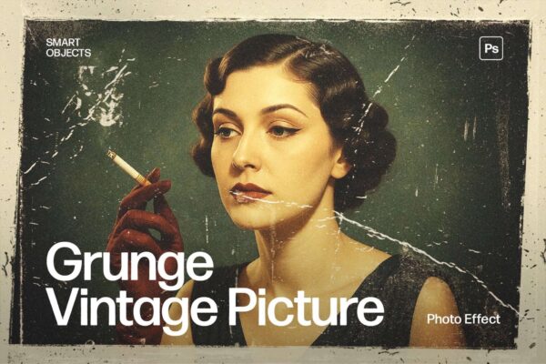 复古磨损折痕旧照片老照片特效叠加PSD样机Grunge vintage image effect template
