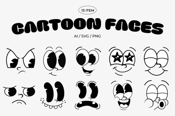 13款趣味手绘卡通风格脸部表情包AI矢量图形插画Cartoon Character Faces