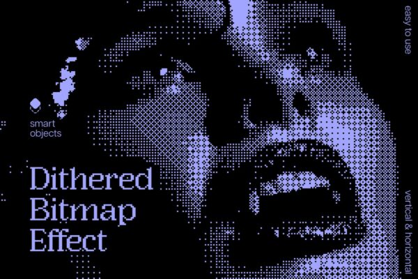 2款复古像素颗粒半调位图图像特效叠加PSD样机Dotted bitmap photo effect