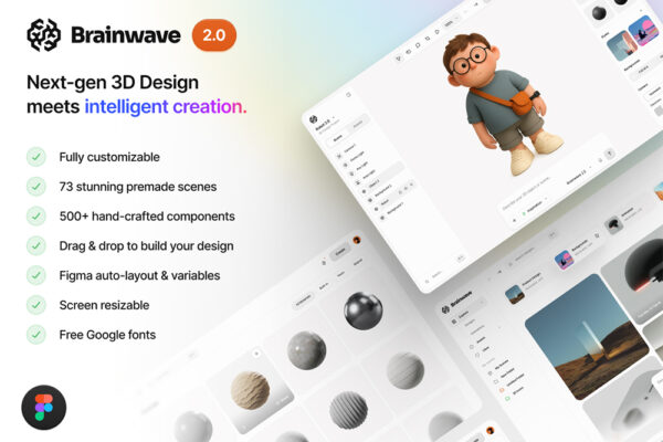 现代极简AI人工智能3D在线设计网站网页界面Figma模板UI套件Brainwave 2.0 AI-Powered 3D UI Kit-第9489期-