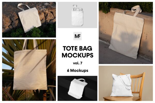 6款极简帆布袋手提袋购物袋印花设计展示PSD样机Canvas Bag Mockups vol.7 – Shopping Bags
