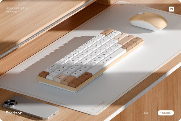 极简桌面键盘鼠标外观设计展示PSD样机Keyboard Configuration Mockup • 001