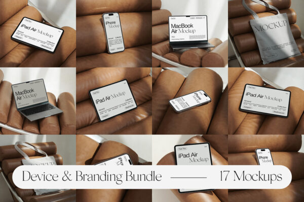 17款IPhone手机MacBook笔记本电脑Ipad平板手提袋帆布袋PSD样机套装Device & Branding Mockup Bundle-第9561期-