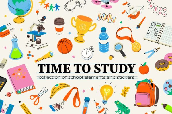 趣味手绘活力学校学习工具奖杯EPS矢量插画插图贴纸 School Study Items & Stickers