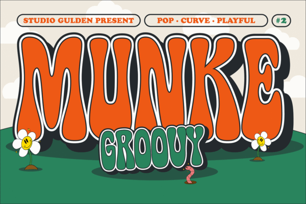 复古Y2K时髦弯曲膨胀logo标题手绘无衬线装饰西文英文字体SG – MUNKE Groovy Display Font