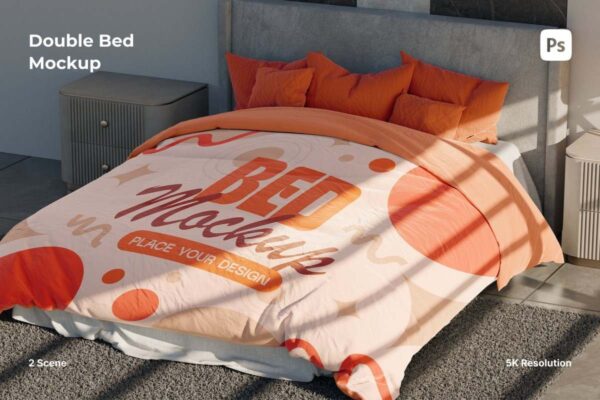 极简卧室双人床枕头被子设计展示PSD样机Double bed mockup