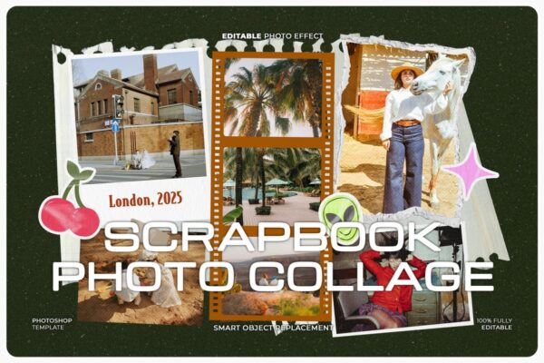 复古撕纸照片拼贴剪贴簿情绪板旅游日记手账PSD特效样机Scrapbook Photo Collage Mockup