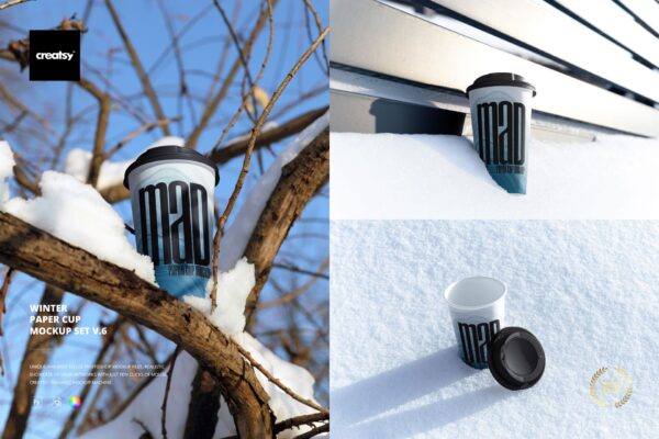 9款冬季户外雪地咖啡杯纸杯饮料奶茶外卖杯PSD样机组合Winter Paper Cup Mockup Set v.6-第9642期-