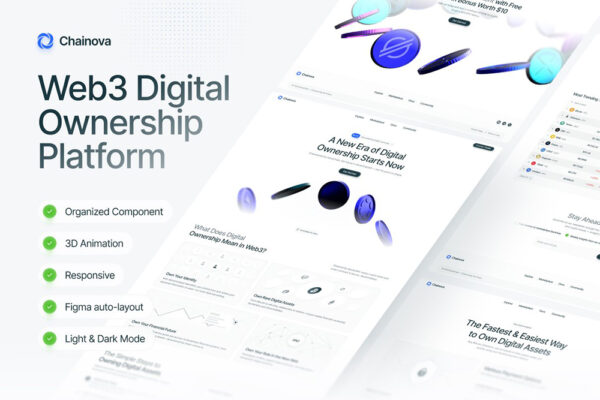 30+现代极简数字交易金融Web网站网页APP移动应用UI设计套件Figma模板Chainova – Modern Blockchain Website-第9658期-