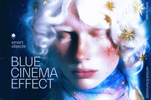 复古蓝色电影胶片艺术颗粒叠加滤镜特效PSD样机Blue Cinema Photo Effect