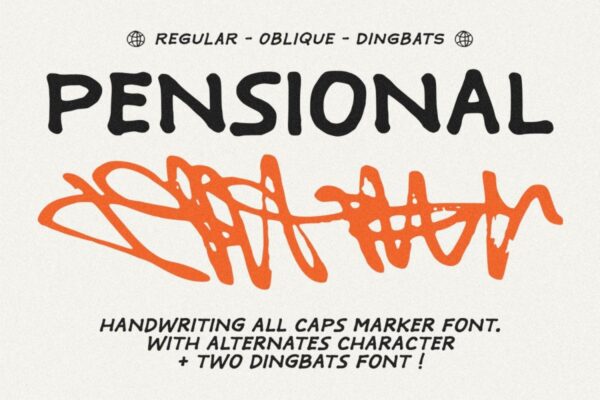 趣味手绘涂鸦标记logo标题排版手写西文英文装饰字体组合HF Pensional – Marker Handwriting Font + Dingbats