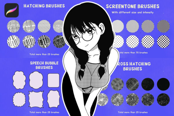200+真实复古半调漫画艺术网点波点交叉影线Procreate纹理图案笔刷预设套装200 Procreate Manga Megapack-第9681期-
